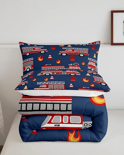 Cartoon Car Bedding Set Fire Truck Comforter Set for Kids Boys Girls Teens Room Decor Firefighter Comforter Firemen Car Vehicle Fire Engine Blue Red Duvet Set 2Pcs Twin Size - LeafyLoom