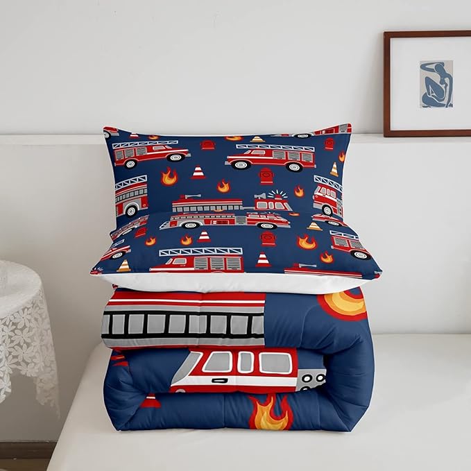 Cartoon Car Bedding Set Fire Truck Comforter Set for Kids Boys Girls Teens Room Decor Firefighter Comforter Firemen Car Vehicle Fire Engine Blue Red Duvet Set 3Pcs Queen Size - LeafyLoom