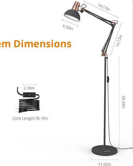 LEPOWER Metal Floor Lamp, Adjustable Architect Swing Arm Standing Lamp with Heavy Duty Base, Eye-Caring Reading/Drawing Lamp with On/Off Switch for Living Room, Bedroom, Office Sand Black - LeafyLoom