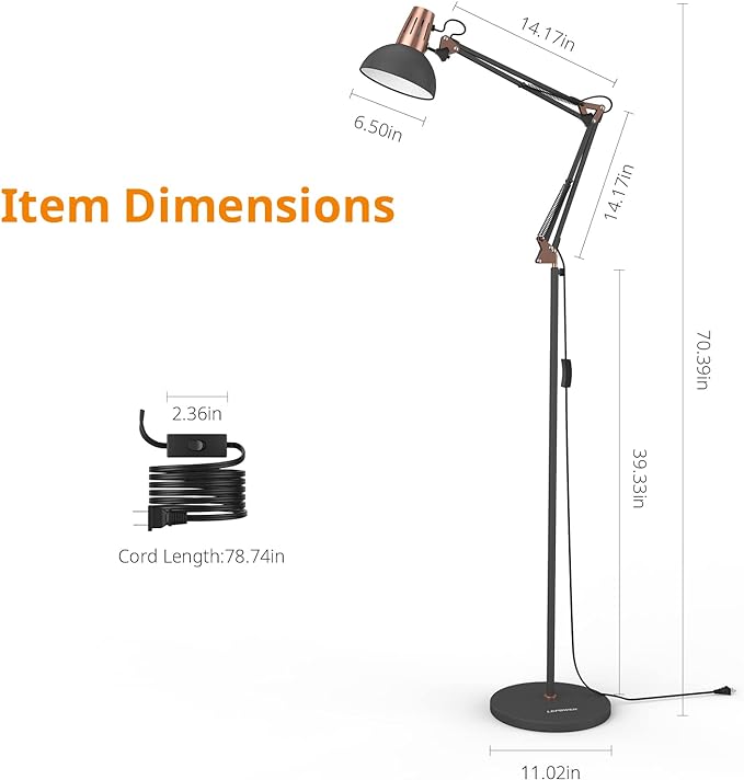 LEPOWER Metal Floor Lamp, Adjustable Architect Swing Arm Standing Lamp with Heavy Duty Base, Eye-Caring Reading/Drawing Lamp with On/Off Switch for Living Room, Bedroom, Office Sand Black - LeafyLoom