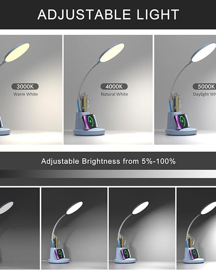 LED Desk Lamp with Wireless Charger for Home Office, Small with Pen Holder, 800LM,3 Color Modes,Gooseneck, Eye-Caring White Desk Lamps for Home College Dorm Room,Blue - LeafyLoom