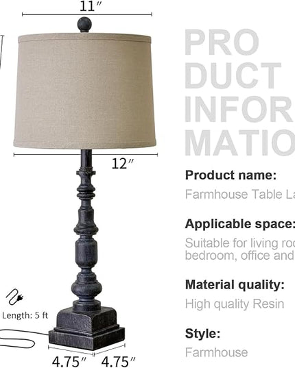 Oneach 27.75” Vintage Farmhouse USB A+C Table Lamps Set of 2 for Living Room Bedroom Traditional Bedside Nightstand Lamp Retro Resin Lamps Linen Shade Nightstand Home Office Antique Black Accent - LeafyLoom