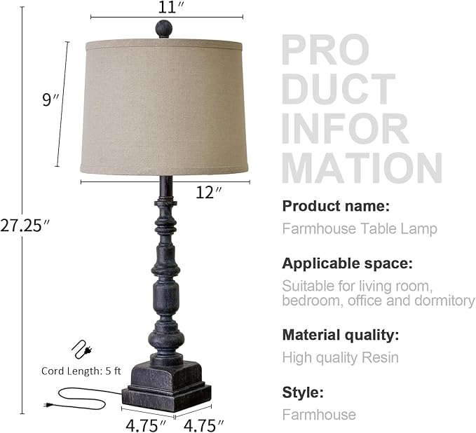 Oneach 27.75” Vintage Farmhouse USB A+C Table Lamps Set of 2 for Living Room Bedroom Traditional Bedside Nightstand Lamp Retro Resin Lamps Linen Shade Nightstand Home Office Antique Black Accent - LeafyLoom