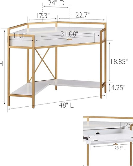 Leick Home 9230-WTGL Claudette Mixed Metal and Wood Desk, 48" W, White/gold - LeafyLoom
