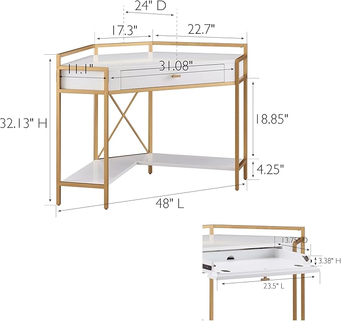 Leick Home 9230-WTGL Claudette Mixed Metal and Wood Desk, 48" W, White/gold - LeafyLoom
