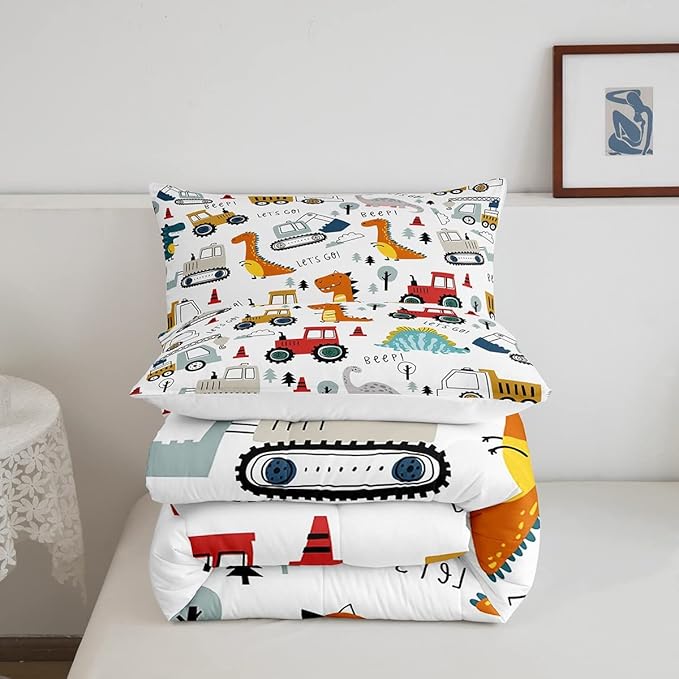 Feelyou Construction Comforter Set Kids Cartoon Dinosaur Comforter Cover Set for Boys Equipment Trucks Bedding Set Construction Vehicles Kawaii Jungle Dino Duvet Set Room Decor Quilt Set Queen Size - LeafyLoom
