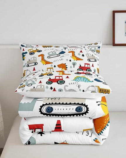 Feelyou Construction Comforter Set Kids Cartoon Dinosaur Comforter Cover Set for Boys Equipment Trucks Bedding Set Construction Vehicles Kawaii Jungle Dino Duvet Set Room Decor Quilt Set King Size - LeafyLoom