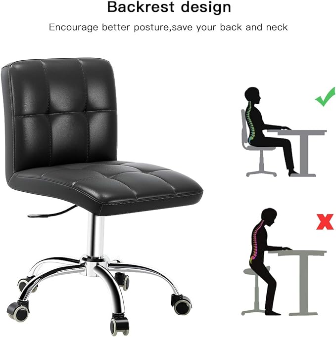 360° Office Desk Chair,PU Adjustable Rolling Task Chair with Backrest for Barber,Office,Home, Computer,360° Swivel,Armless (black) - LeafyLoom