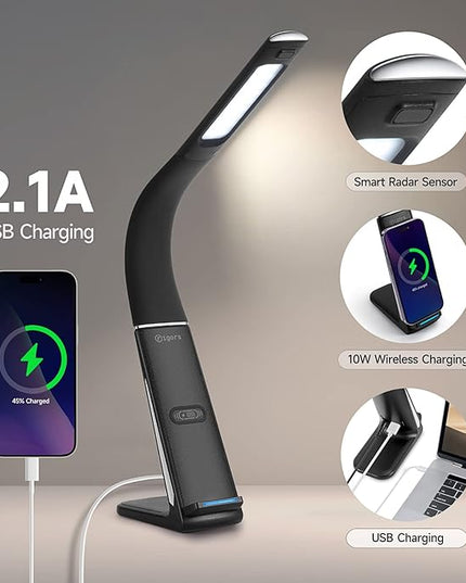 LED Desk Lamp with Wireless Charger, USB Charging Port, Stepless dimmable brightness, Natural Lights, Desk Lamps for Home Office, Table Lamp Eye Caring Reading Light, Gesture Control desk light - LeafyLoom
