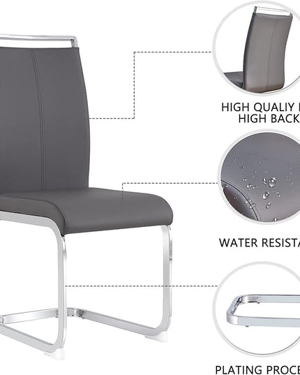 Dining Chairs Set, Kitchen Modern Metal Chairs with Faux Leather Padded Seat High Back and Sturdy Chrome Legs, Chairs for Dining Room (Grey, Set of 2) - LeafyLoom