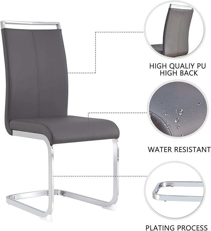Dining Chairs Set, Kitchen Modern Metal Chairs with Faux Leather Padded Seat High Back and Sturdy Chrome Legs, Chairs for Dining Room (Grey, Set of 2) - LeafyLoom