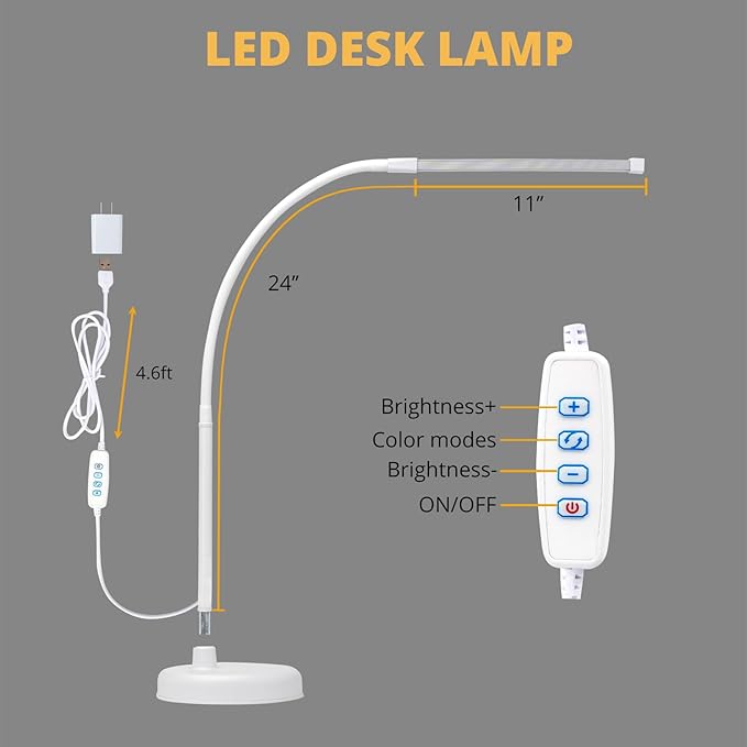 LED Desk Lamp, Swing Arm Architect Task Lamp with Long Flexible Gooseneck, Heavy Base, 3 Color Modes, 10 Brightness Levels, and USB Adapter, Desk Light for Home/Office/Drafting/Reading - LeafyLoom