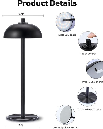 Rechargeable Cordless Table Lamp 2 Pack - 5000mAh Battery Powered Lamp, 3 Color Stepless Dimming LED Table Light with Memory Function for Indoor, Outdoor, Dinner, Home, Restaurant.(Black) - LeafyLoom