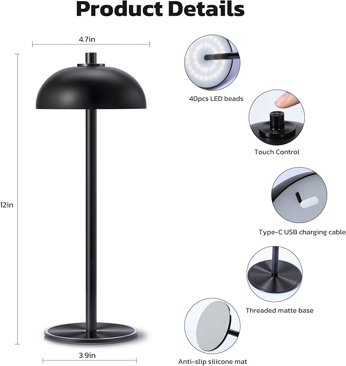 Rechargeable Cordless Table Lamp 2 Pack - 5000mAh Battery Powered Lamp, 3 Color Stepless Dimming LED Table Light with Memory Function for Indoor, Outdoor, Dinner, Home, Restaurant.(Black) - LeafyLoom