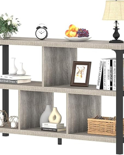 IBF Industrial Horizontal Bookshelf, Modern 5 Cube Storage Organizer Open Shelf, Low Wide Cubby Bookcase for Home Office Living, Wooden Metal Short Book Shelf Bedroom Storage, Light Grey Oak, 47 Inch - LeafyLoom