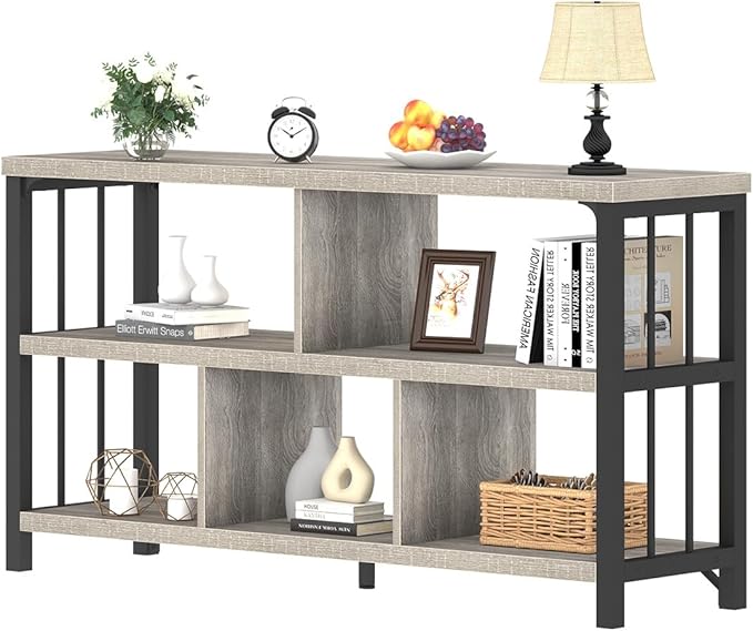 IBF Industrial Horizontal Bookshelf, Modern 5 Cube Storage Organizer Open Shelf, Low Wide Cubby Bookcase for Home Office Living, Wooden Metal Short Book Shelf Bedroom Storage, Light Grey Oak, 47 Inch - LeafyLoom