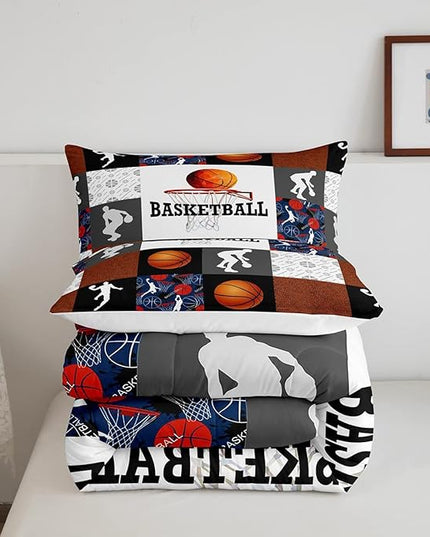 Basketball King Comforter Set For Boys Sports Bedding Set Basketball Athlete Bed Comforter Sets Patchwork Style Orange Black White Grey Soft Lightweight Quilt Duvet Insert 2 Pillow Cases Room Decor - LeafyLoom