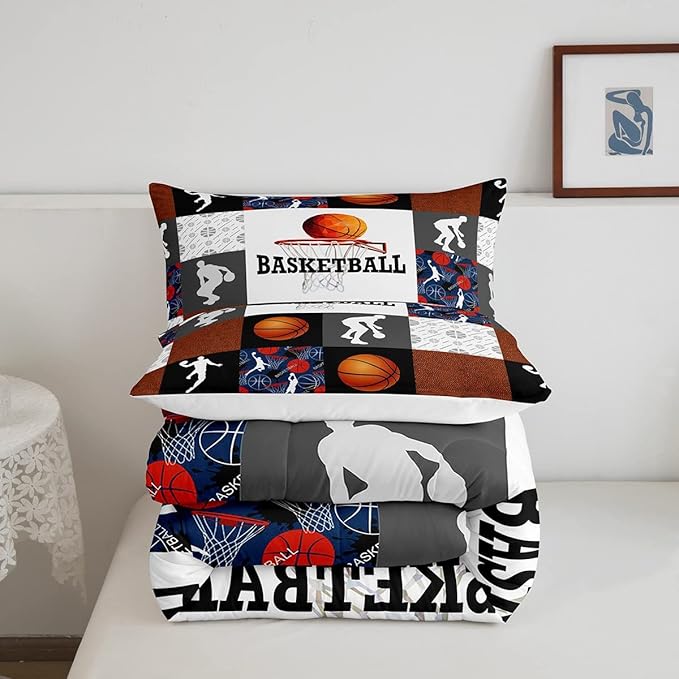Basketball Twin Comforter Set For Boys Sports Bedding Set Basketball Athlete Bed Comforter Sets Patchwork Style Orange Black White Grey Soft Lightweight Quilt Duvet Insert 1 Pillow Case Room Decor - LeafyLoom