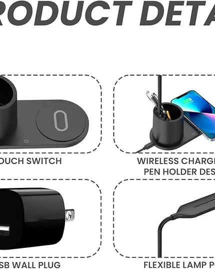 Generic USB Desk Lamp with Wireless Charging Station, Wall Adapter and Pen Holder (Black) - LeafyLoom