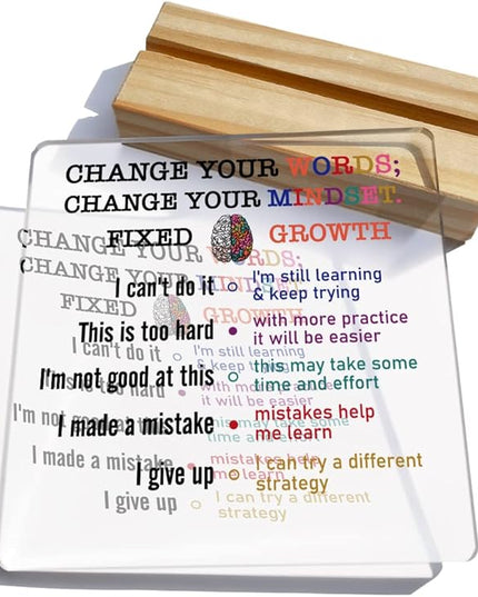 Growth Mindset Gift Change Your Words Change Your Mindset Clear Desk Decorative Sign Keepsake Present Positive Acrylic Plaque with Wooden Stand Sign Desk Decor for Home Office - LeafyLoom