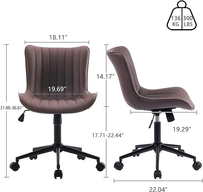 YOUNIKE Armless Office Chair with Wheels Swivel Rolling Desk Chair Leather Upholstered Adjustable Computer Task Chair Modern Rocking Recline Gaming Chair Brown - LeafyLoom