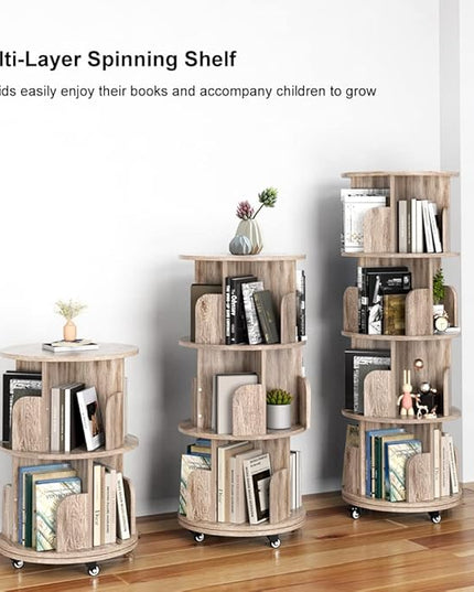 Nidouillet Rotating Bookshelf, 4 Tier Revolving Bookcase with Brake Wheels 360° Display Round Bookshelf Narrow Swivel Corner Book Shelf Standing Bookcase for Adult Bedroom, Living Room (Oak Grey) - LeafyLoom