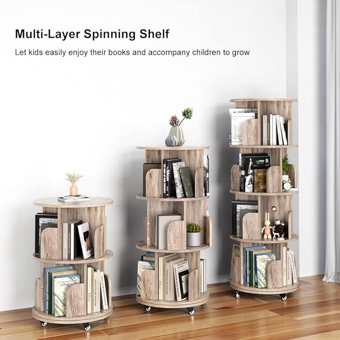 Nidouillet Rotating Bookshelf, 4 Tier Revolving Bookcase with Brake Wheels 360° Display Round Bookshelf Narrow Swivel Corner Book Shelf Standing Bookcase for Adult Bedroom, Living Room (Oak Grey) - LeafyLoom