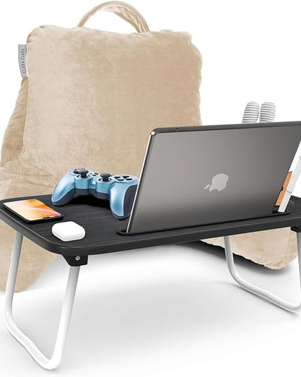 Clara Clark Reading Pillow with Portable Lap Desk Set for Kids, Back Pillow for Sitting Up in Bed, Memory Foam Back Support Pillow, Bed Rest Pillow with Foldable Laptop Desk, Small - Beige Cream - LeafyLoom