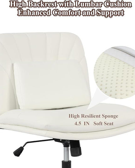 Criss Cross Chair Armless Office Chair Desk Chair with Wheels Pu Leather Cross Legged Office Chair, Wide Desk Chairs Computer Chair Swivel Vanity Chair with Lumbar Cushion for Home & Office - LeafyLoom