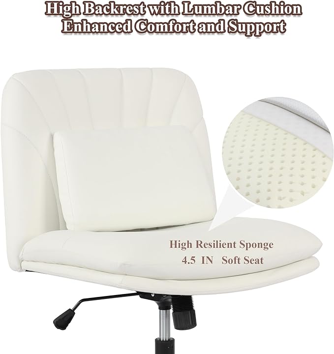 Criss Cross Chair Armless Office Chair Desk Chair with Wheels Pu Leather Cross Legged Office Chair, Wide Desk Chairs Computer Chair Swivel Vanity Chair with Lumbar Cushion for Home & Office - LeafyLoom