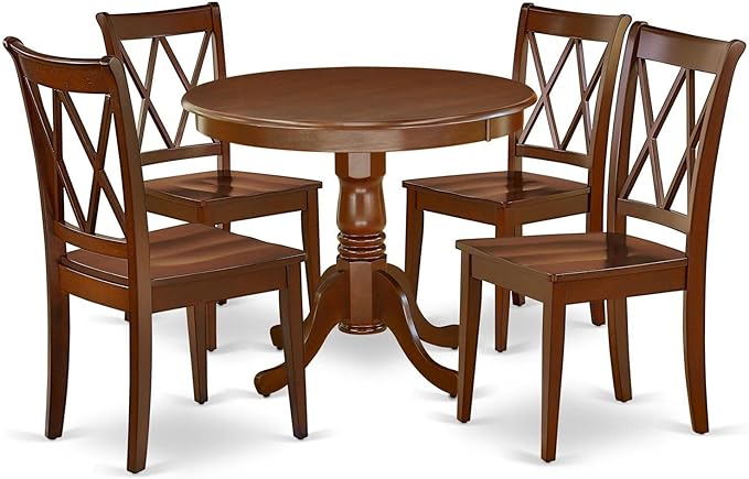 East West Furniture ANCL5-MAH-W 5 Piece Set for 4 Includes a Round Table with Pedestal and 4 Kitchen Dining Chairs, 36x36 Inch - LeafyLoom
