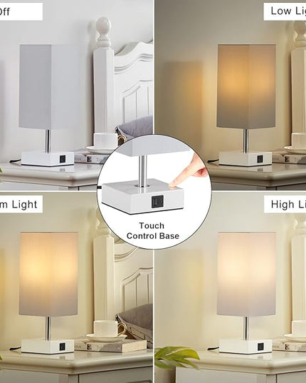 Ambimall Grey Table Lamp with USB Ports - 3 Way Touch Lamps Beside Desk, Nightstand Lamp for Bedrooms Living Room, Grey Shade with White Base, LED Bulb Included(Grey) - LeafyLoom