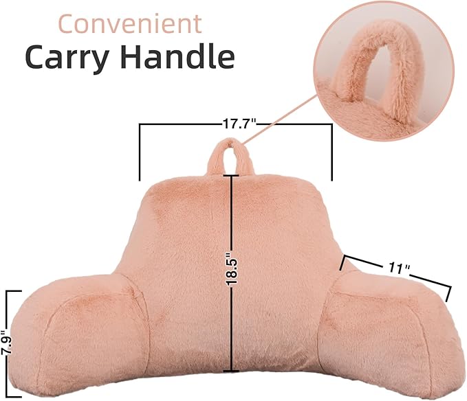 A Nice Night Faux Fur Soft Reading Pillow Bed Wedge Adult Backrest with Arms Back Support for Sitting Up in Bed/Couch for Bedrest,Pink,Large - LeafyLoom