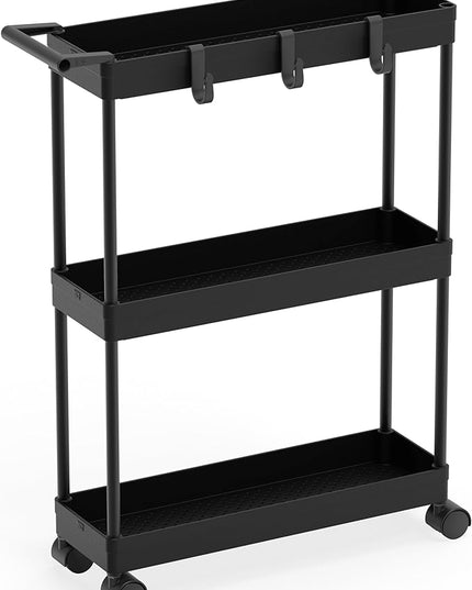 Simple Houseware 3-Tier Slim/Super Narrow Kitchen Cart with Handle, hooks and storage with shelves, Black - LeafyLoom