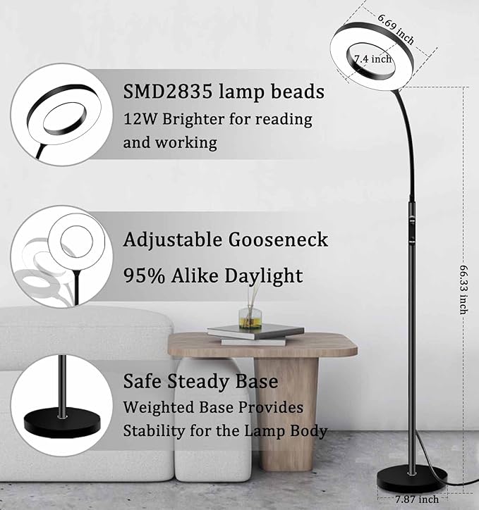 Sofa Standing lamp Floor lamp Side Reading Lamps 3-Color Tall Standing Pole Light with Remote for Live Stream Learning and Reading Living Room,Bed Room,Home Office - LeafyLoom