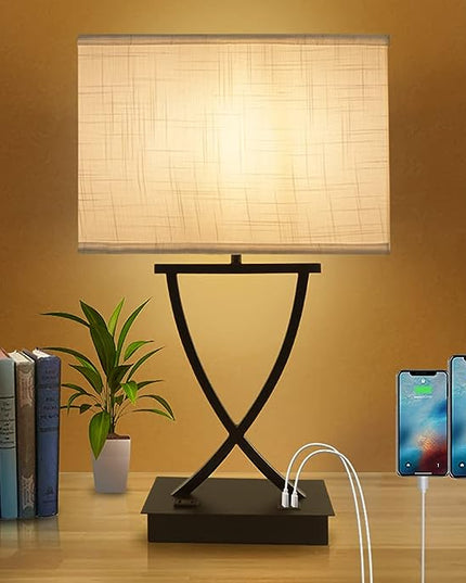 3-Way Dimmable Touch Control Medium Table Lamp with Type C/USB Charging Port and 1 AC Outlet White Shade 21.38" Bedside Nightstand Lamp for Bedroom Living Room Office and Hotel Bulb Included - LeafyLoom
