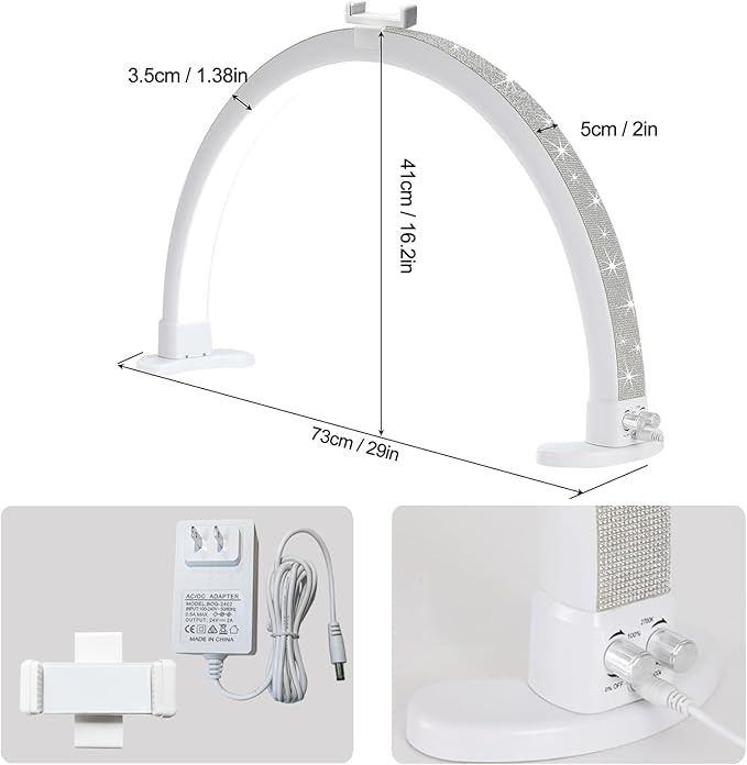 Half Moon Light with Phone Holder, 29 in 48W Nail Desk Lamp, Lash Light for Eyelash Tech, Makeup, Tattoo, Spa, Salon, Nail Tech Lamp with Stepless Dimming & Color Temperature(White) - LeafyLoom