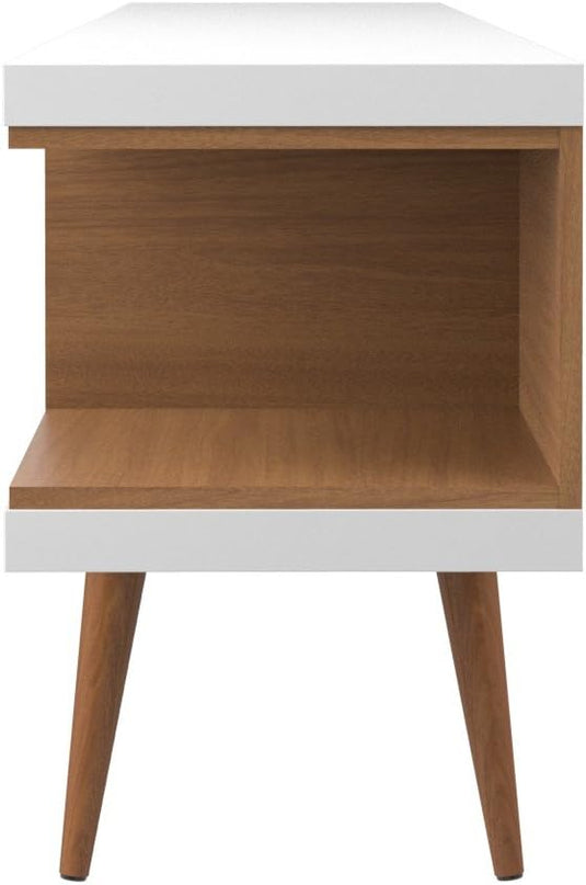 Manhattan Comfort Utopia 70.47" Freestanding Entertainment Center for Living Room, Mid Century Modern TV Stand with Shelves, Storage and Media Holes, Fits 65" Screens, 70.47 Inches, White and Maple - LeafyLoom