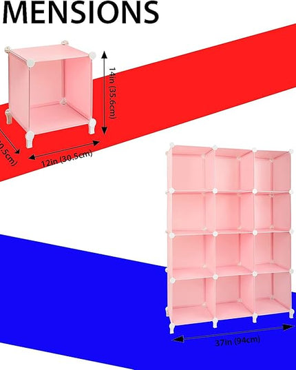 Gold Armour Cube Storage 12-Cube Bookshelf Closet Organizer Storage Shelves Cubes Organizer Plastic Square Book Shelf Bookcase DIY Closet Cabinet Organizer Shelving for Home Office Bedroom (Pink) - LeafyLoom