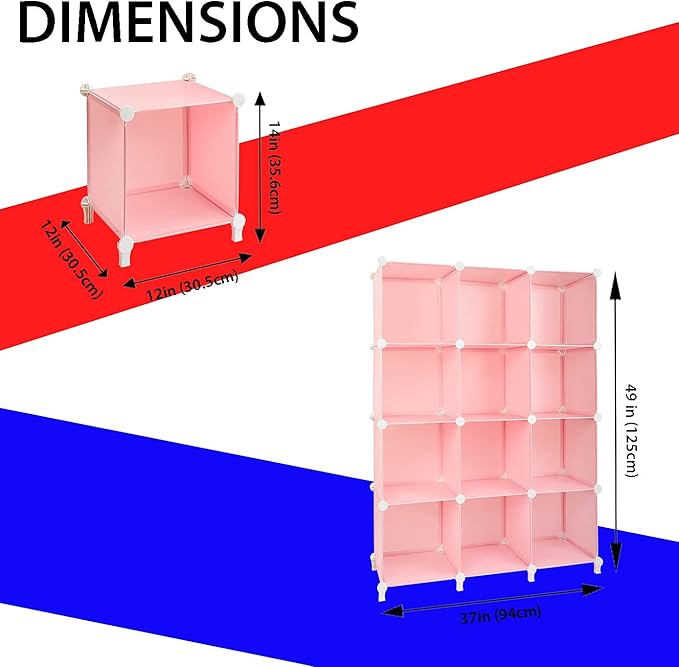 Gold Armour Cube Storage 12-Cube Bookshelf Closet Organizer Storage Shelves Cubes Organizer Plastic Square Book Shelf Bookcase DIY Closet Cabinet Organizer Shelving for Home Office Bedroom (Pink) - LeafyLoom