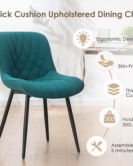 YOUNUOKE Comfortable Dining Chairs Set of 2, Mid-Century Modern Kitchen Dining Room Chairs, Upholstered Backrest Boucle Dining Chair with Black Metal, Pine Green - LeafyLoom