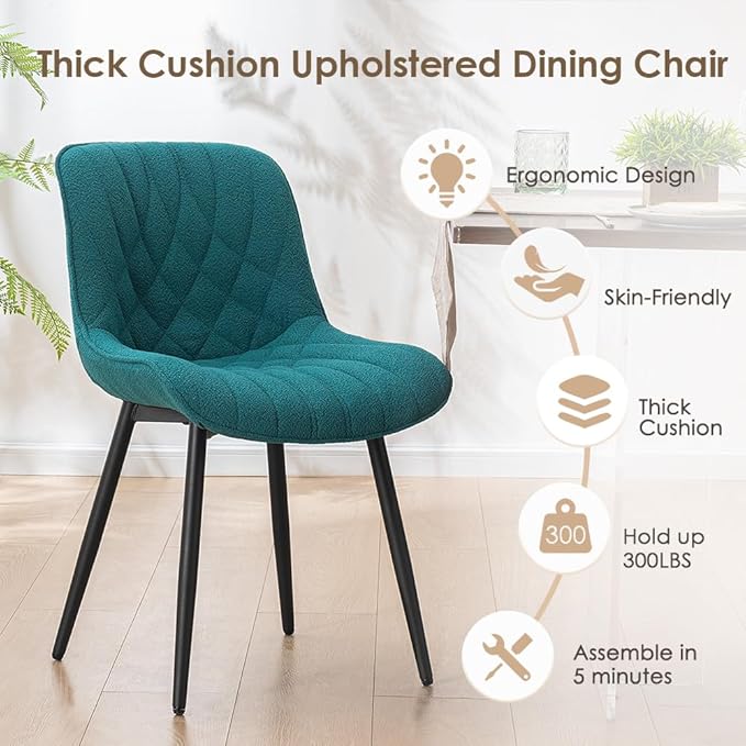 YOUNUOKE Comfortable Dining Chairs Set of 2, Mid-Century Modern Kitchen Dining Room Chairs, Upholstered Backrest Boucle Dining Chair with Black Metal, Pine Green - LeafyLoom