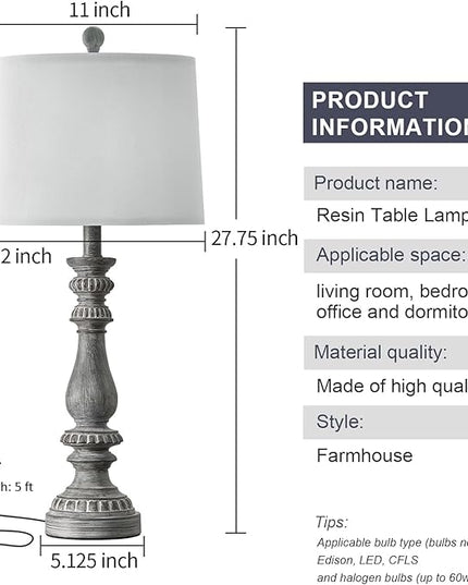 BOBOMOMO 27.75" USB Table Lamp Set of 2 Antique Retro Nightstand Lamp for Bedroom Living Room Office Resin Classic Bedside Desk Lamps with White Fabric Shade - LeafyLoom
