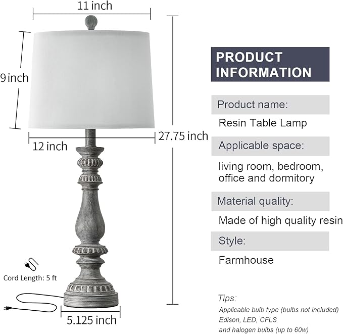 BOBOMOMO 27.75" USB Table Lamp Set of 2 Antique Retro Nightstand Lamp for Bedroom Living Room Office Resin Classic Bedside Desk Lamps with White Fabric Shade - LeafyLoom