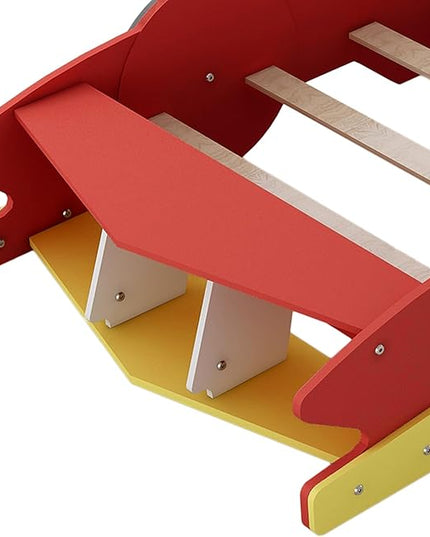 Twin Size Racecar Bed for Big Boys,Wood Platform Bedframe with Wheels & Safety Guardrail,Slats Support,Easy Assembly,Toddlers Kids Car Floor Beds for Fun Children's Bedroom,Red - LeafyLoom