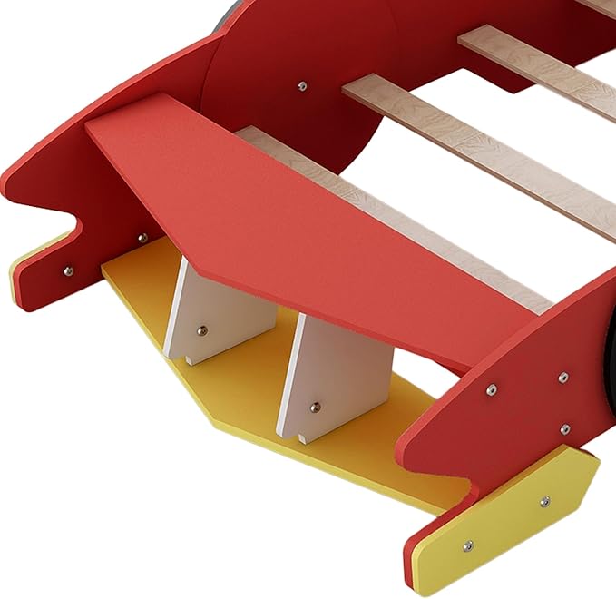 Twin Size Racecar Bed for Big Boys,Wood Platform Bedframe with Wheels & Safety Guardrail,Slats Support,Easy Assembly,Toddlers Kids Car Floor Beds for Fun Children's Bedroom,Red - LeafyLoom