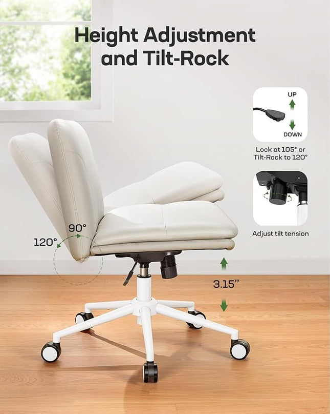 Marsail Armless-Office Desk Chair with Wheels: PU Leather Cross Legged Wide Chair,Comfortable Adjustable Swivel Computer Task Chairs for Home,Office,Make Up,Small Space,Bed Room(Balanced Beige) - LeafyLoom