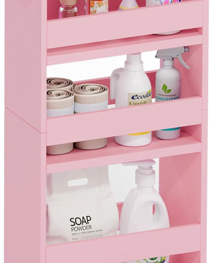 TEAMIX 4 Tier Slim Storage Cart with Handle, Pink Laundry Room Cart Between Washer and Dryer Rolling Narrow Kitchen Cart for Small Spaces (Pink, 5-1/2'' W) - LeafyLoom