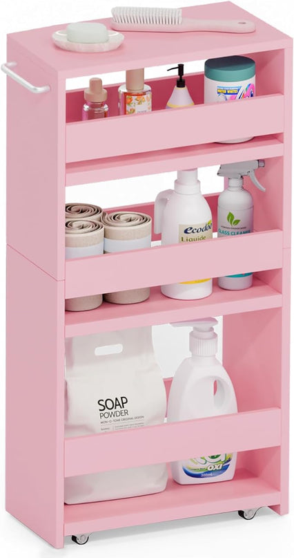 TEAMIX 4 Tier Slim Storage Cart with Handle, Pink Laundry Room Cart Between Washer and Dryer Rolling Narrow Kitchen Cart for Small Spaces (Pink, 5-1/2'' W) - LeafyLoom