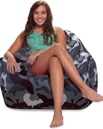 Posh Creations Structured Comfy Bean Bag Chair for Gaming, Reading and Watching TV, Malibu Lounge, Nylon - Camo Dark and Black Gray - LeafyLoom